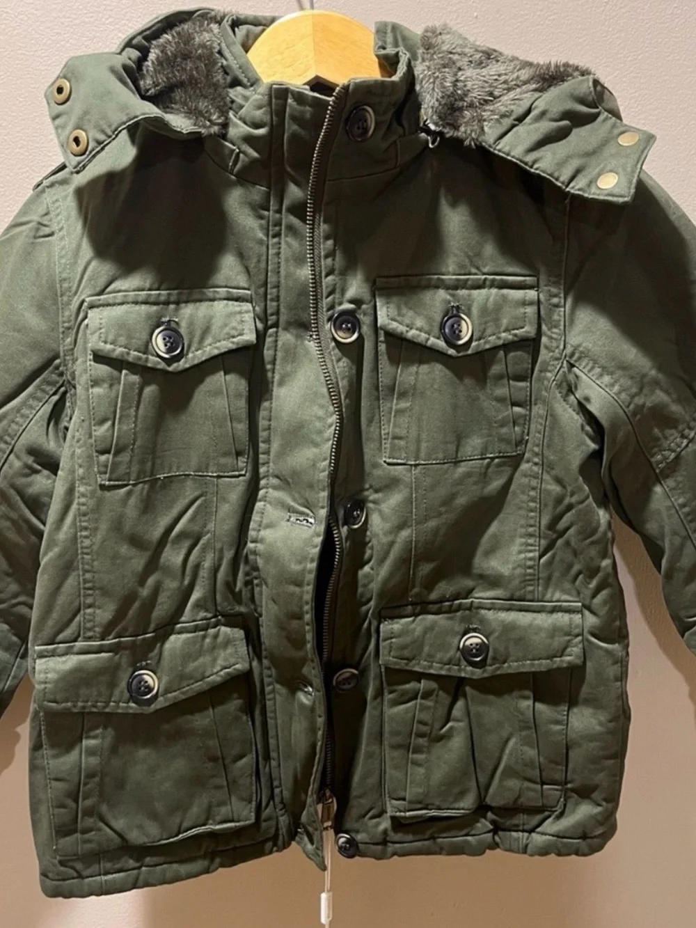 Kids Olive Green Hooded Winter Coat